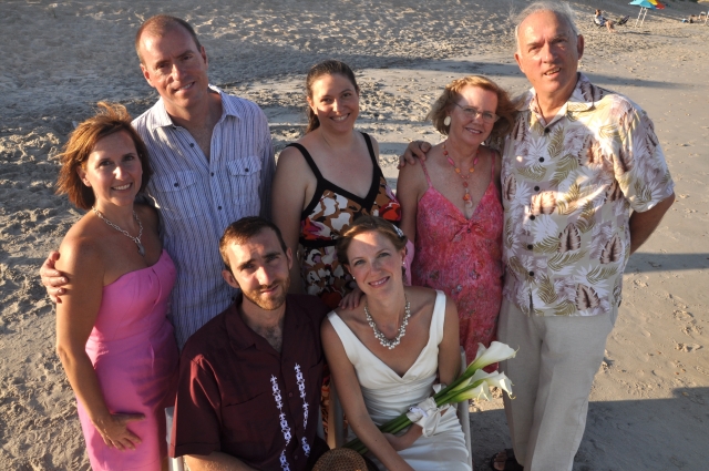 Buck and Marilyn and their children: David and wife Ann, Jennifer (husband Ervin not present) and Joanna and brand new husband Trevor. 